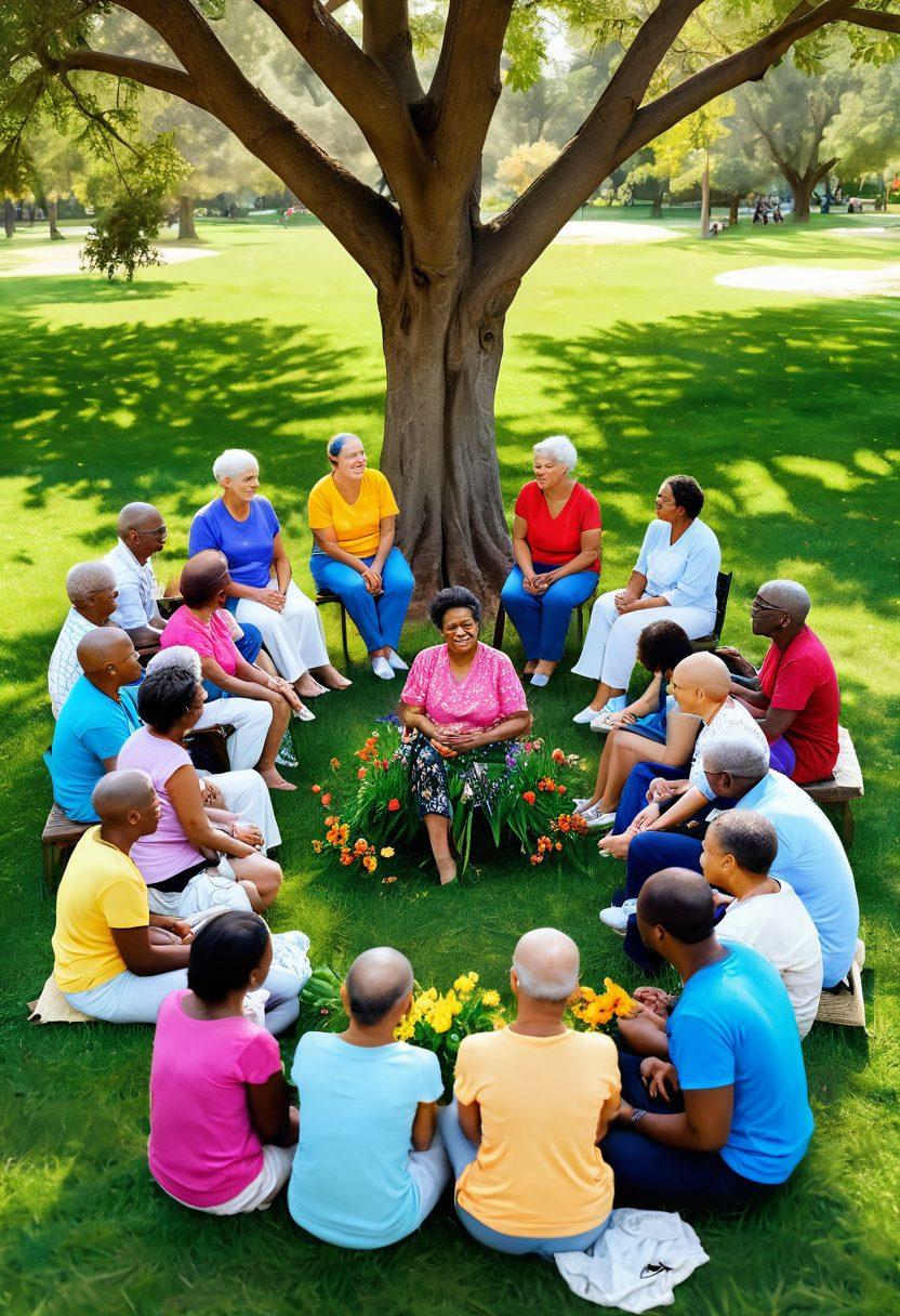A serene gathering of diverse individuals of varying ages, sitting in a circle in a vibrant park, sharing stories and laughter, symbolizing support and community in their cancer journeys. Incorporate elements like trees and flowers representing growth, while soft sunlight filters through the branches, creating a warm, hopeful atmosphere. The image should radiate positivity and resilience. super-realistic. vibrant colors. nature background.