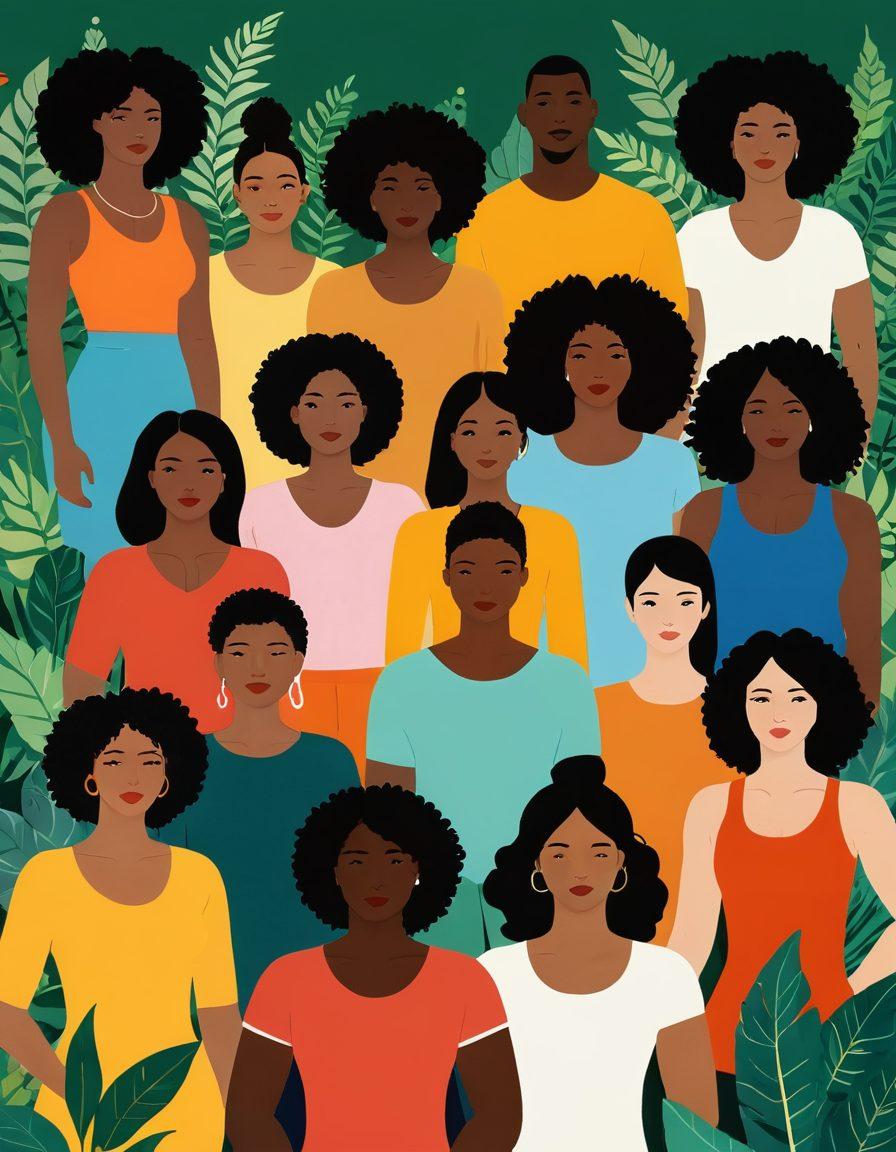 A powerful depiction of a diverse group of individuals radiating confidence, each showcasing their unique body types and styles. Surround them with symbols of self-care, like plants, books, and wellness items, creating a vibrant, uplifting atmosphere. Use warm, inviting colors to enhance the feeling of positivity and resilience. Aim for a harmonious blend of strength and serenity. super-realistic. vibrant colors. soft background.