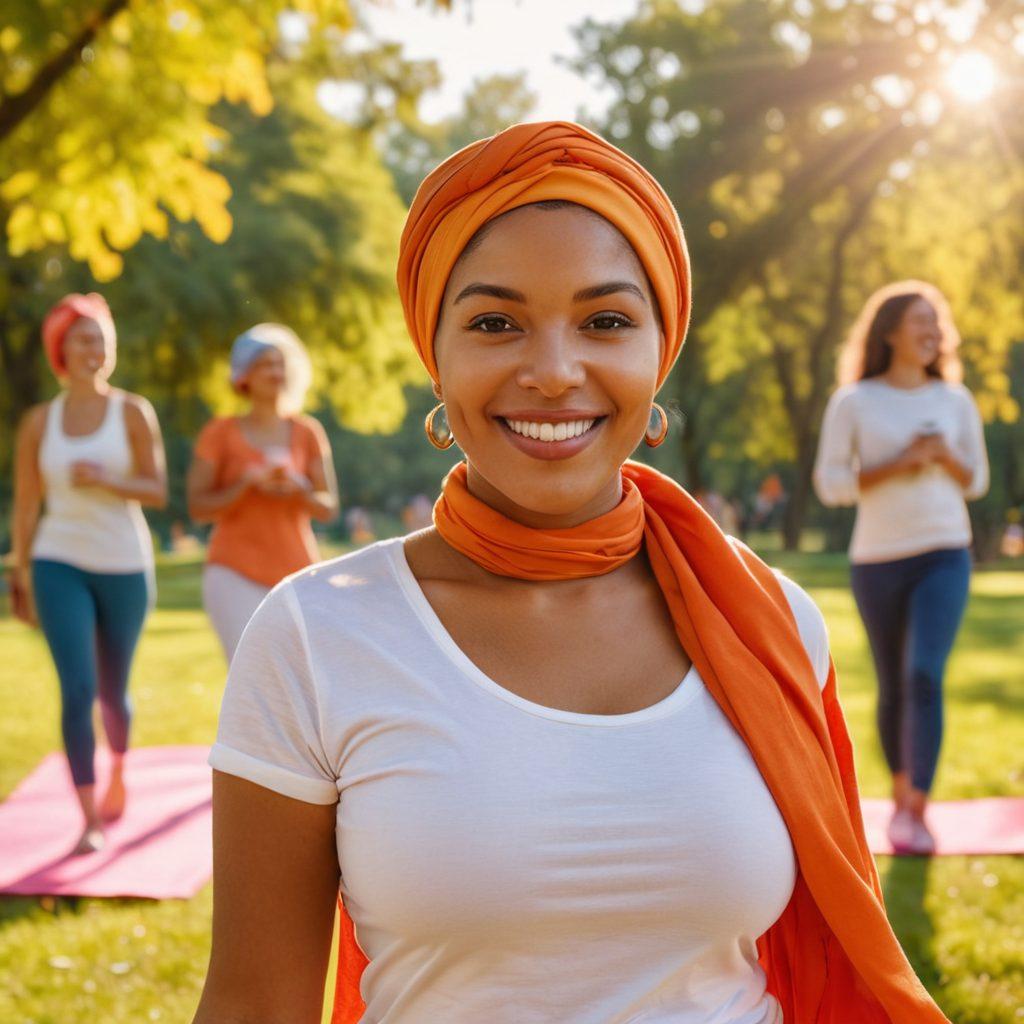 A strong and stylish woman in a vibrant headscarf confidently walking through a sunlit park, surrounded by supportive friends sharing laughter. The scene includes elements of wellness like yoga mats and healthy snacks, showcasing community and empowerment. The colors are warm and inviting, expressing positivity and resilience. super-realistic. vibrant colors. warm background.
